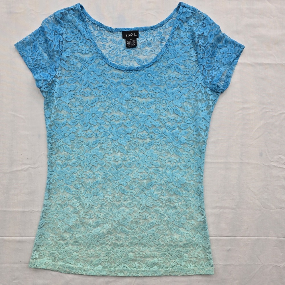 Womens M Blue Ombre Floral Lace Sheer Top Y2K Fairy Grunge Stretch